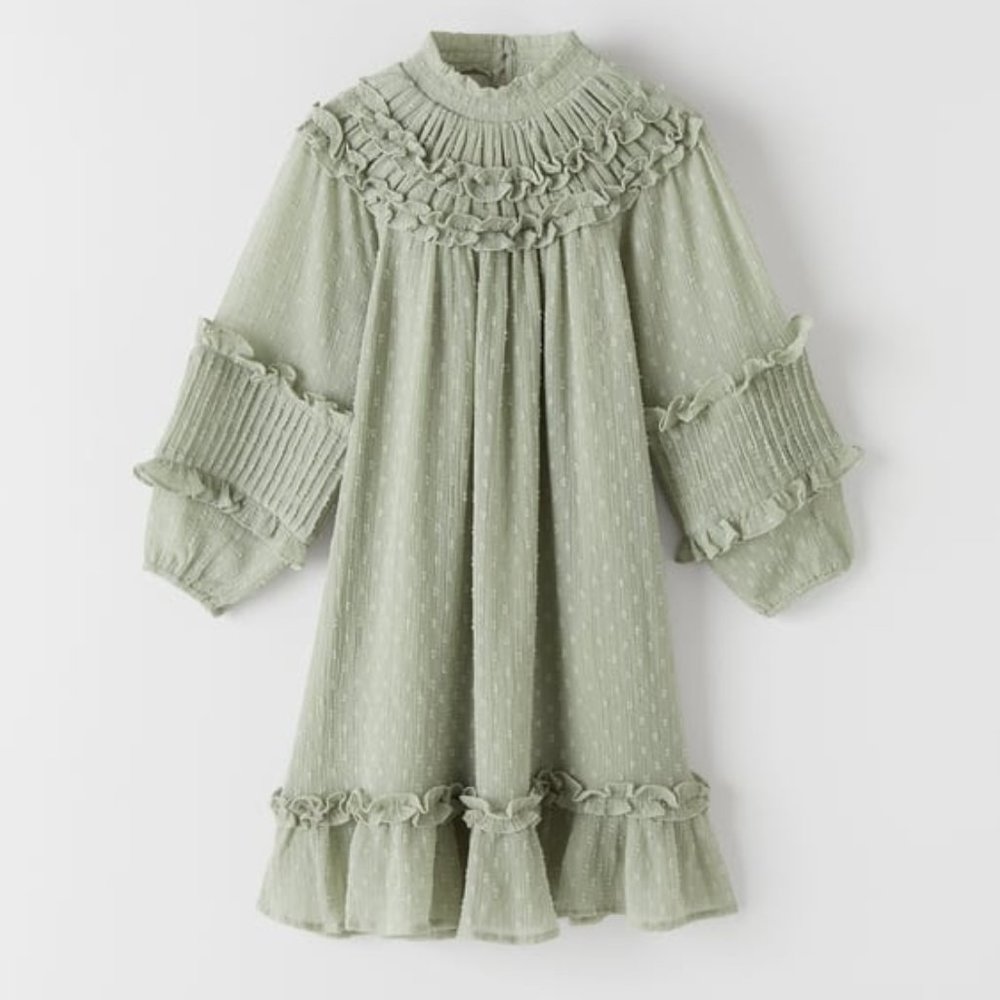 Zara pale green RUFFLED DOTTED MESH DRESS 11-12